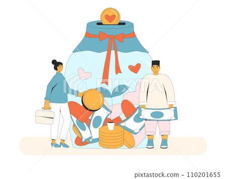 Donation. International charity day. People with glass jar money with coins, envelope of banknotes, heart symbols. Donation. International charity day. People with glass jar money with coins, envelope of banknotes, heart symbols. 110201655
