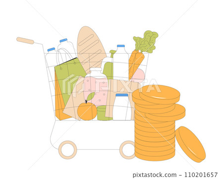 Shopping cart with groceries and coins stack. Adjusted Gross Income. AGI. Shopping cart with groceries and coins stack. Adjusted Gross Income. AGI. 110201657