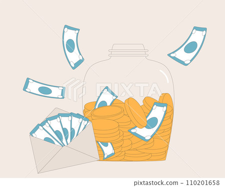 Savings concept. Glass money jar. Moneybox with cash. Investments Savings concept. Glass money jar. Moneybox with cash. Investments 110201658