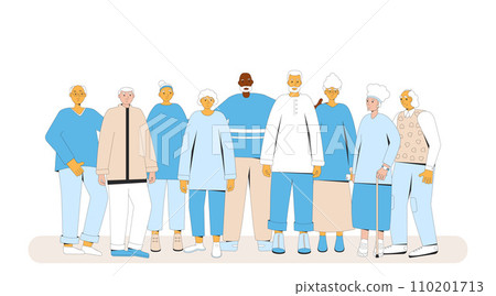 Group of senior people isolated on white background. Elderly friends standing together Group of senior people isolated on white background. Elderly friends standing together 110201713