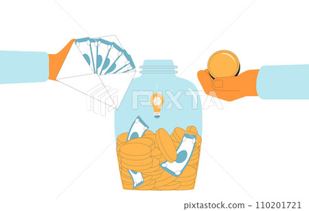 Hands put coins and banknote in moneybox. Savings. Donation event. Fundraising. Collaboration. Hands put coins and banknote in moneybox. Savings. Donation event. Fundraising. Collaboration. 110201721