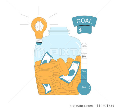 Venture capital investments round. Fundraising concept. Startup goal. Idea bulb, thermometer and moneybox. Venture capital investments round. Fundraising concept. Startup goal. Idea bulb, thermometer and moneybox. 110201735