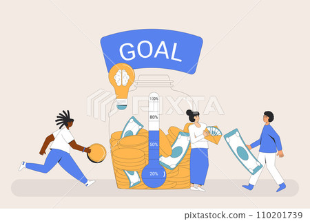 Fundraising concept. Startup idea. People with goal thermometer and moneybox. Donation event. Fundraising concept. Startup idea. People with goal thermometer and moneybox. Donation event. 110201739