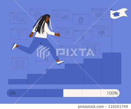 Student running up ladder for diploma. Gamification in learning. 110201749