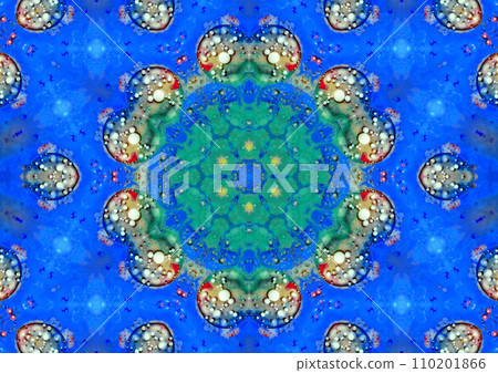 Abstract figures are located in a circle around a hexagonal star on a blue background. The center of the figure is green. 110201866