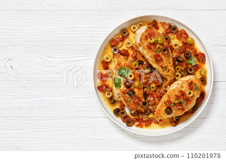 chicken breasts with vegetables, olives, top view chicken breasts with vegetables, olives, top view 110201978