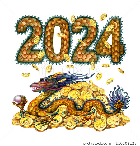 Watercolor green wooden dragon with magic pearl, numbers 2024 with dragon scales texture and gold coins with hand drawn clover. Lunar New Year symbol illustration elements isolated on white background Watercolor green wooden dragon with magic pearl, numbers 2024 with dragon scales texture and gold coins with hand drawn clover. Lunar New Year symbol illustration elements isolated on white background 110202123