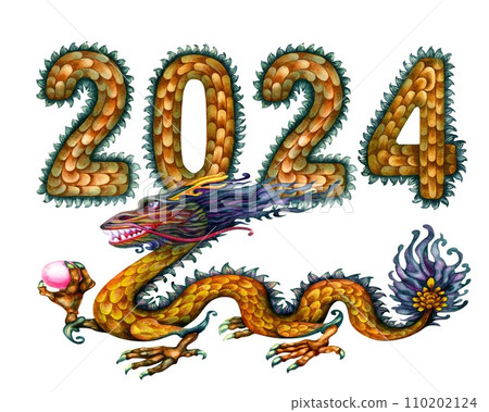 Watercolor green wooden dragon with magic pearl and numbers 2024 hand drawn with dragon scale texture. Lunar New Year symbol illustration elements isolated on white background Watercolor green wooden dragon with magic pearl and numbers 2024 hand drawn with dragon scale texture. Lunar New Year symbol illustration elements isolated on white background 110202124