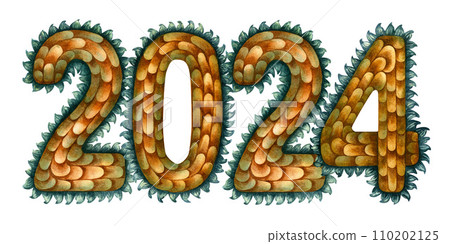 Watercolor sign 2024 in numbers and in the texture of green wooden dragon scales drawn by hand. Lunar New Year symbol illustration element isolated on white background Watercolor sign 2024 in numbers and in the texture of green wooden dragon scales drawn by hand. Lunar New Year symbol illustration element isolated on white background 110202125