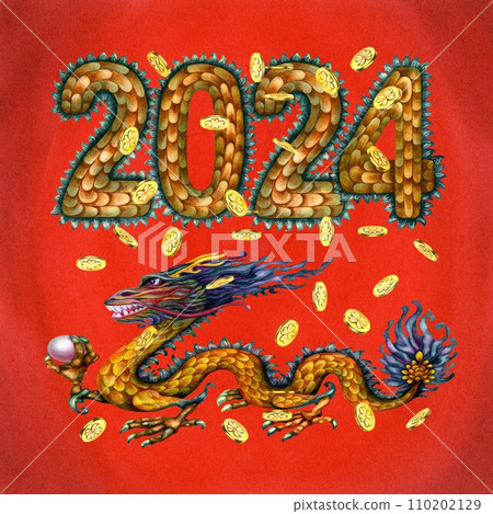 Watercolor green wooden dragon with magic pearl, numbers 2024 with dragon scales texture and gold coins with hand drawn clover. Lunar New Year symbol illustration elements isolated on red background Watercolor green wooden dragon with magic pearl, numbers 2024 with dragon scales texture and gold coins with hand drawn clover. Lunar New Year symbol illustration elements isolated on red background 110202129