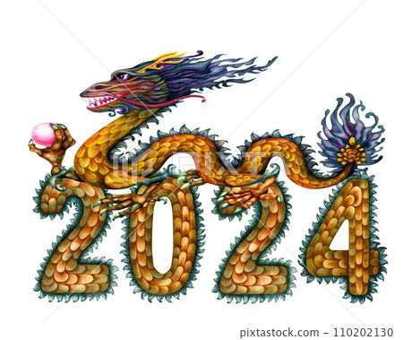 Watercolor green wooden dragon with magic pearl and numbers 2024 hand drawn with dragon scale texture. Lunar New Year symbol illustration elements isolated on white background Watercolor green wooden dragon with magic pearl and numbers 2024 hand drawn with dragon scale texture. Lunar New Year symbol illustration elements isolated on white background 110202130