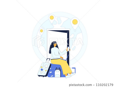 Digital nomad. Young woman sitting on the suitcase and working with laptop online waiting for a flight. Digital nomad. Young woman sitting on the suitcase and working with laptop online waiting for a flight. 110202179