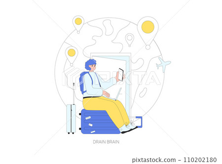 Drain brain migration. Digital nomad. Young person sitting on the suitcase and working online. Drain brain migration. Digital nomad. Young person sitting on the suitcase and working online. 110202180