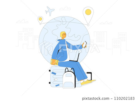 Digital nomad. Young man sitting on the suitcase and working with laptop waiting for a flight. 110202183