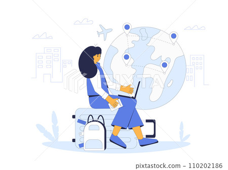 Buy tickets online. Digital nomad or freelance travel. Vector illustration. Buy tickets online. Digital nomad or freelance travel. Vector illustration. 110202186