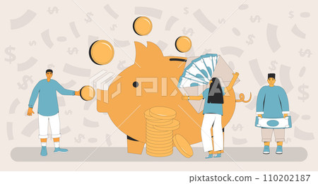 Save money. People standing around piggybank with coins and banknotes. Moneybox. Family budget. Save money. People standing around piggybank with coins and banknotes. Moneybox. Family budget. 110202187