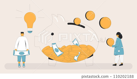 Save money. People standing around piggybank with coins and banknotes. Moneybox. Family budget. Save money. People standing around piggybank with coins and banknotes. Moneybox. Family budget. 110202188