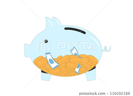 Vector glass piggy bank with coins and banknotes isolated in white background. Save money. Moneybox. Vector glass piggy bank with coins and banknotes isolated in white background. Save money. Moneybox. 110202189