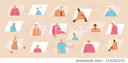 Elderly people communication. Senior aged men and women talking online. Vector illustration Elderly people communication. Senior aged men and women talking online. Vector illustration 110202231