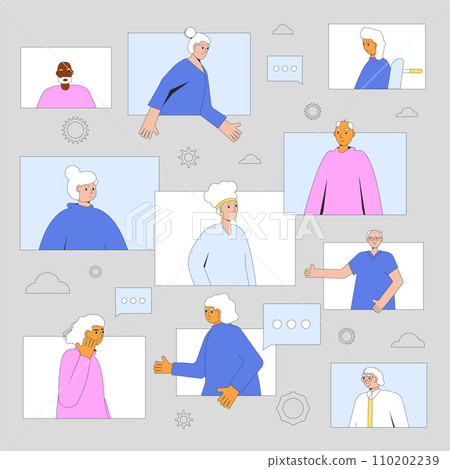 Video call between elders. Senior aged people communication online. Vector illustration. 110202239