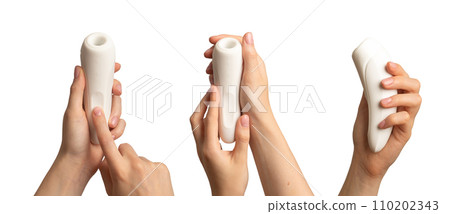 Women hand holding sex toy, masturbating item set, isolated on white 110202343