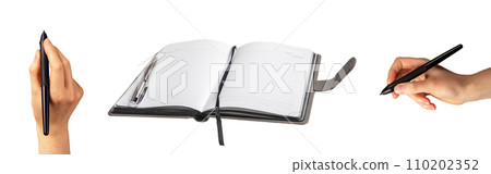 Office planner, business organizer, hands holding pens, writing. Notepad, pencil isolated on white Office planner, business organizer, hands holding pens, writing. Notepad, pencil isolated on white 110202352