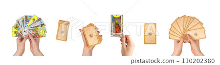 Lodz Poland December 25 2023 Tarot cards in hands set. Holding taro deck, arcanas isolated on white Lodz Poland December 25 2023 Tarot cards in hands set. Holding taro deck, arcanas isolated on white 110202380