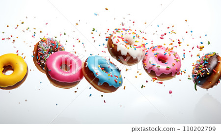 a donuts falling in motion isolated on a white background 110202709