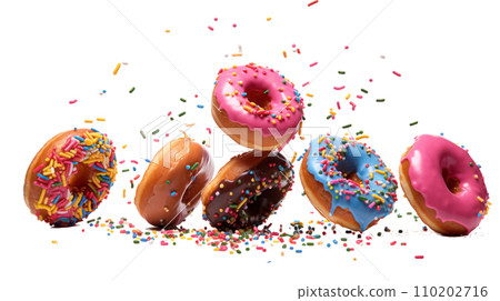 donuts falling in motion isolated on a transparent background 110202716