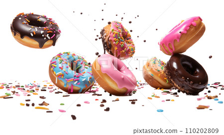 donuts falling in motion isolated on a transparent background donuts falling in motion isolated on a transparent background 110202809