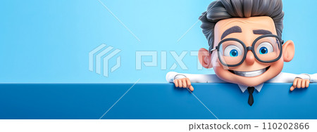 AI-generated content. cheerful man with gray hair and glasses, peeking over a blue edge, exuding a friendly and inviting demeanor, perfect for a banner with space for text on the side 110202866