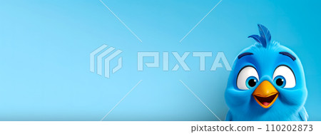 AI-generated content. photorealistic 3D caricature of a blue bird with a joyful expression against a clear blue background, perfect for a fun and engaging banner or advertisement. 110202873