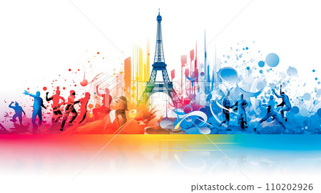 AI-generated content. vibrant and colorful representation of the Olympic spirit set against the backdrop of the iconic Eiffel Tower in Paris. It showcases silhouettes of athletes in various sports 110202926