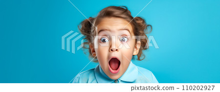 AI-generated content. young child with a look of astonishment, eyes wide and mouth open, set against a plain turquoise background 110202927