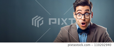 AI-generated content. man with an astonished expression, wearing a jacket, a blue bow tie, and round glasses against a teal background. 110202940