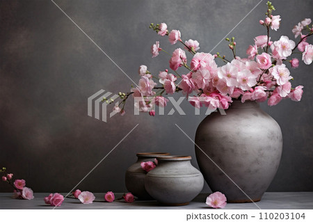 Spring blossom pink branch in tin vase on rustik weathered background 110203104