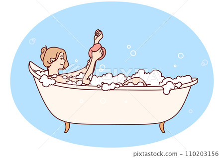 Young happy woman rubbing hand with washcloth bathing and relaxing after hard day. Vector image Young happy woman rubbing hand with washcloth bathing and relaxing after hard day. Vector image 110203156
