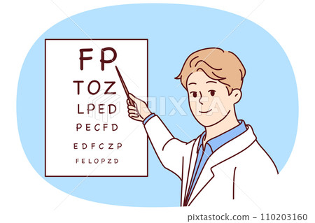 Man doctor holds out pointer to poster with letters for checking eyesight of patients. Vector image 110203160