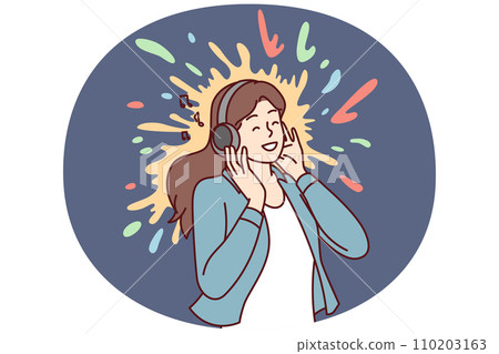 Positive woman meloman listening to music with headphones enjoying favorite pop track. Vector image 110203163