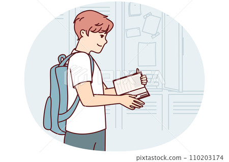 Teenager guy with book and backpack behind back stands near lockers in college room. Vector image 110203174