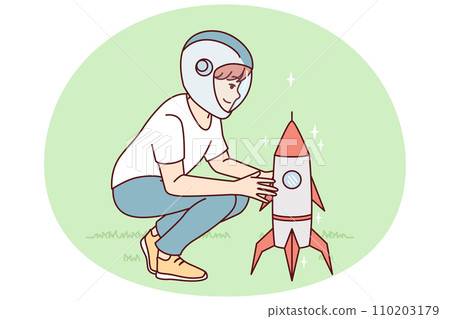 Little boy near toy rocket plays as astronaut, wanting to work in space industry. Vector image 110203179