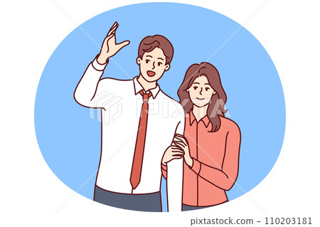 Man raising hand wanting to be noticed and modest smiling woman standing behind. Vector image 110203181