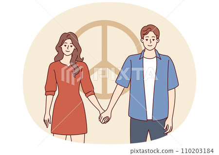 Man and woman dressed in casual style hold hands standing near symbol of pacifism. Vector image 110203184