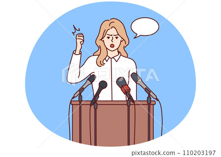 Woman politician speaks stands near wooden tribune with microphones and waving hand. Vector image Woman politician speaks stands near wooden tribune with microphones and waving hand. Vector image 110203197