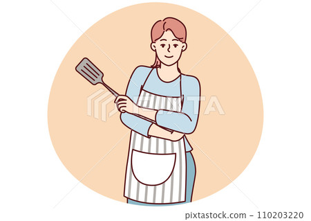 Smiling woman housewife in apron stands with arms crossed with spatula for cooking. Vector image 110203220