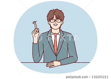 Man in business suit raises hand and wants to speak during meeting with colleagues. Vector image Man in business suit raises hand and wants to speak during meeting with colleagues. Vector image 110203221