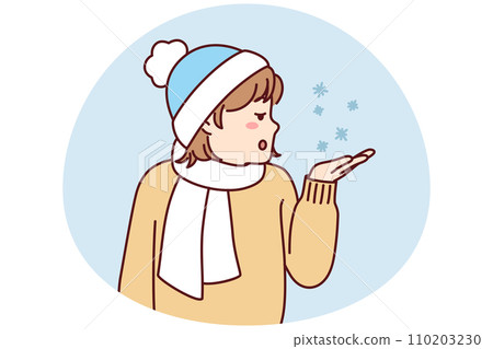 Little teen girl in winter hat and scarf stretches out palm to pick up snowflakes. Vector image Little teen girl in winter hat and scarf stretches out palm to pick up snowflakes. Vector image 110203230