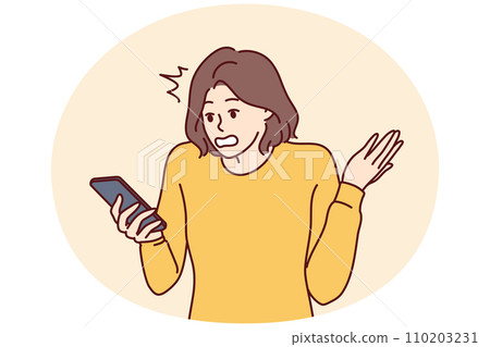 Puzzled woman holding phone and reading unpleasant SMS from bank makes wave of hand. Vector image Puzzled woman holding phone and reading unpleasant SMS from bank makes wave of hand. Vector image 110203231