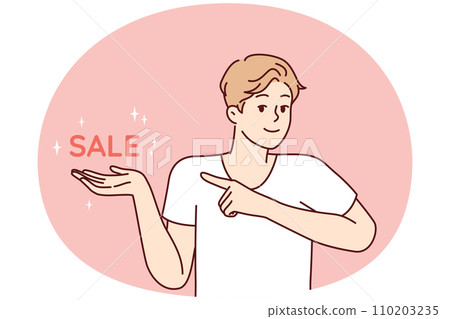 Positive man pointing finger at inscription sale, inviting for profitable shopping. Vector image 110203235