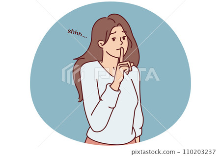 Modest woman puts finger to lips wanting to keep secret or calm interlocutor. Vector image 110203237
